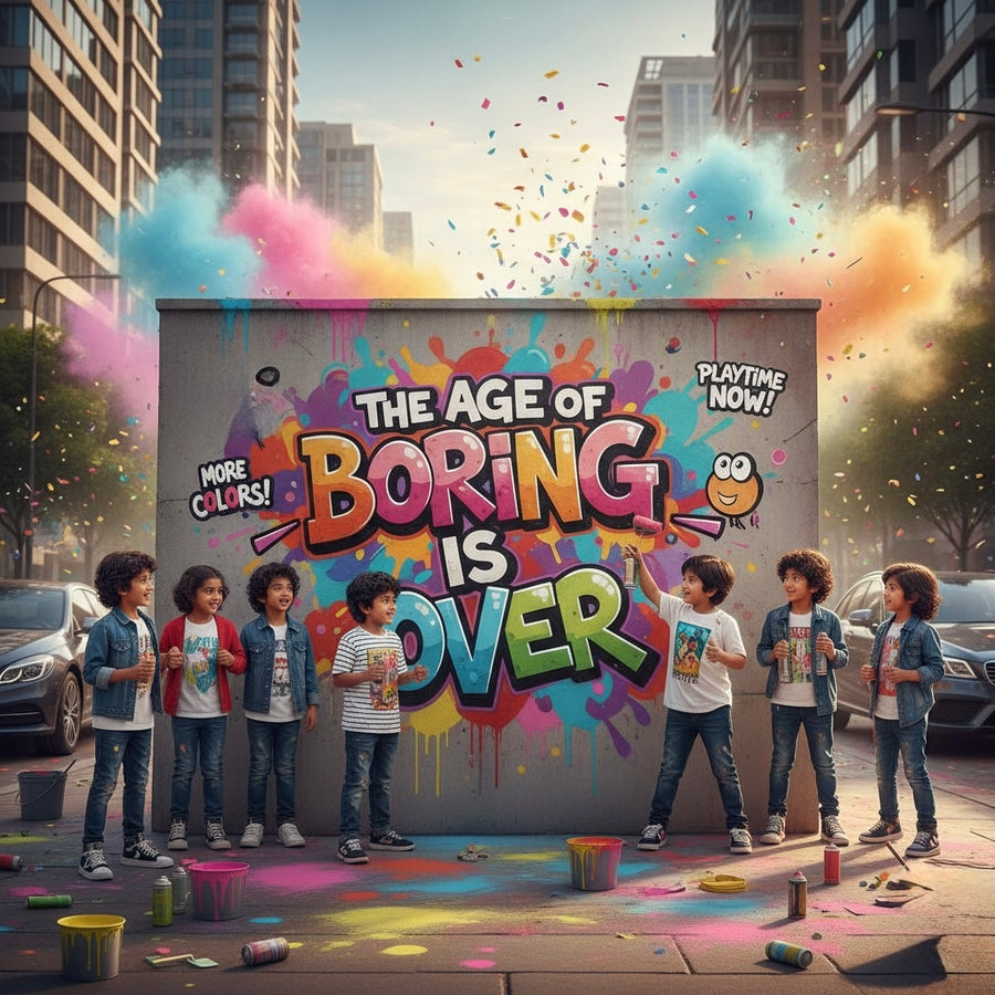 Kids in front of a mural that says the age of boring is over