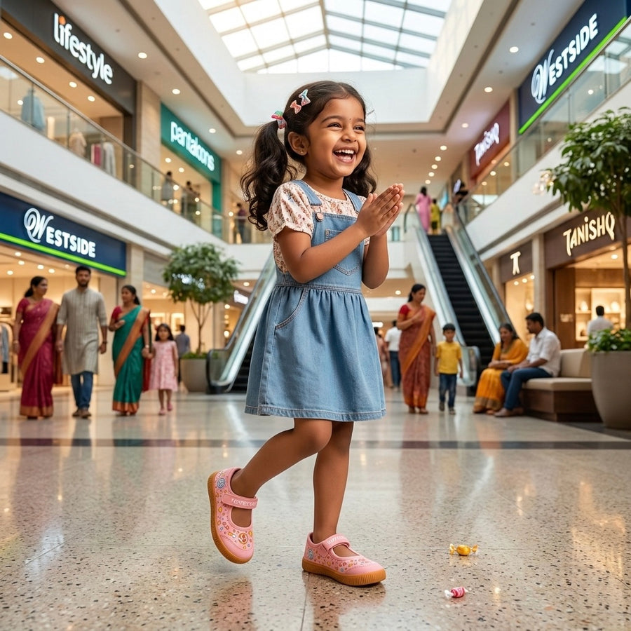 Girl walking in a mall in Toffeetoes Sneakerina