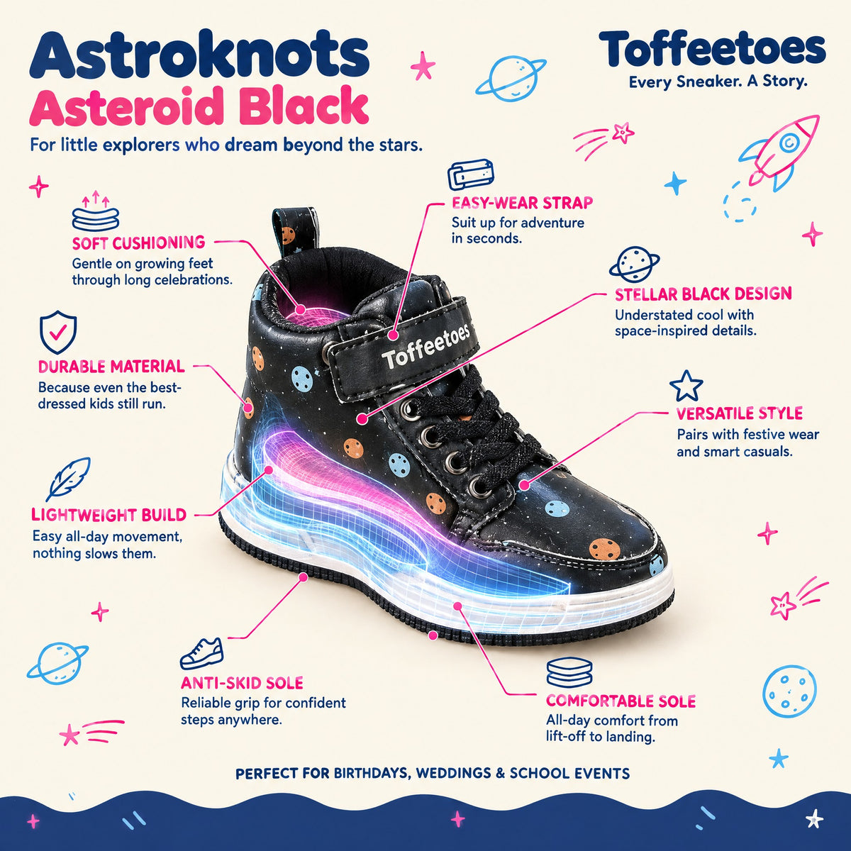 Astroknots Asteroid Black features: easy-wear strap, soft cushioning, lightweight, anti-skid sole, durable material