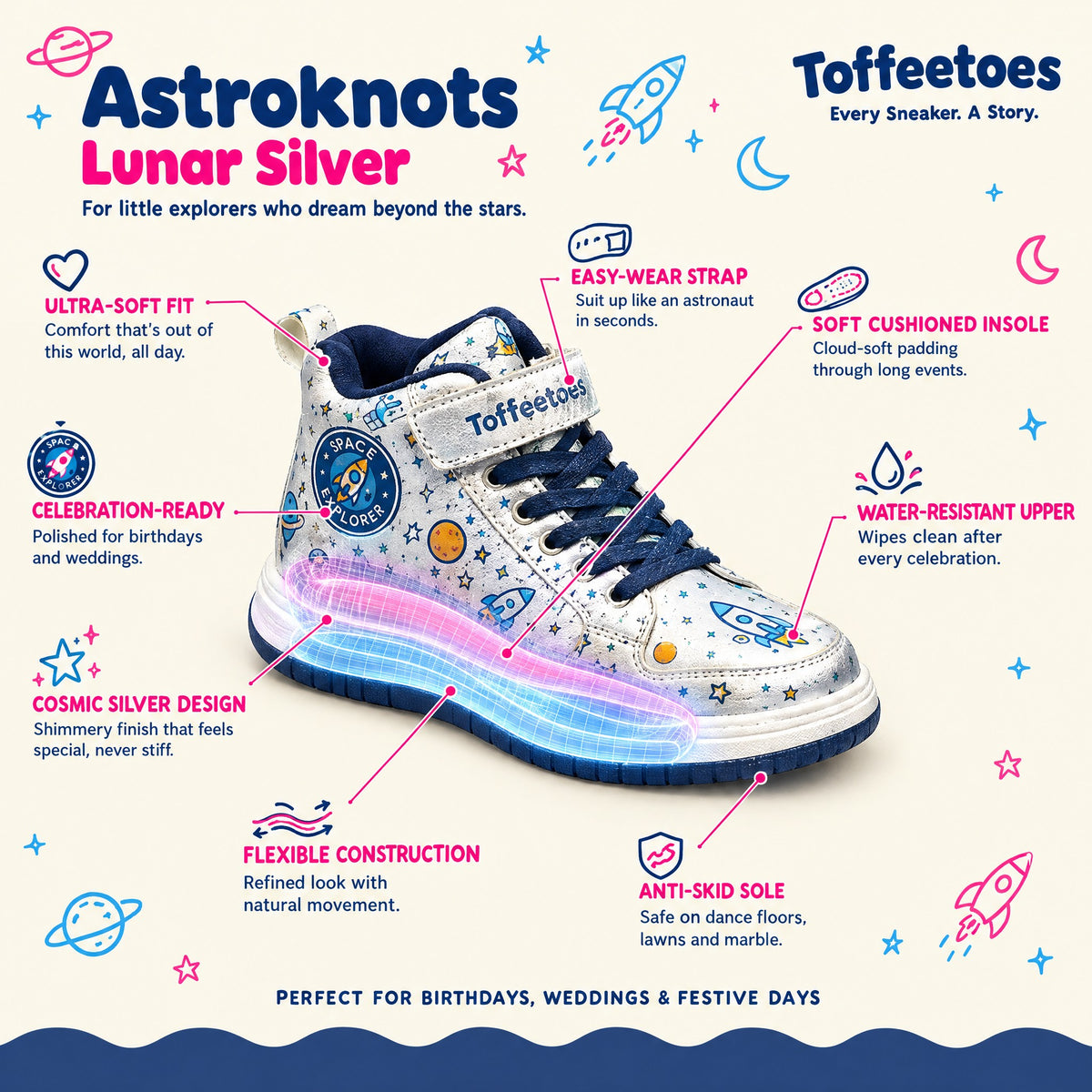 Astroknots Lunar Silver features: easy-wear strap, soft cushioned insole, flexible construction, anti-skid sole, water-resistant upper