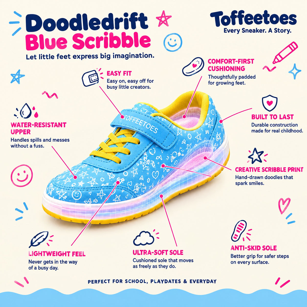 Doodledrift Blue Scribble features: easy fit, comfort-first cushioning, lightweight, anti-skid sole, water-resistant upper