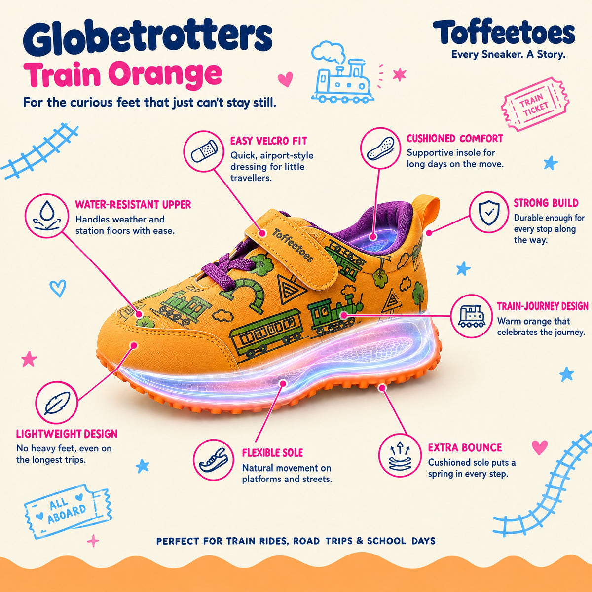 Globetrotters Train Orange features: easy velcro fit, cushioned comfort, lightweight, flexible sole, water-resistant upper