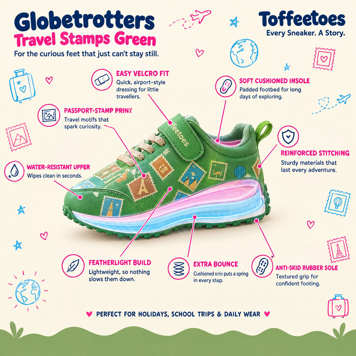 Globetrotters Travel Stamps Green features: easy velcro fit, soft cushioned insole, featherlight, anti-skid rubber sole, water-resistant upper