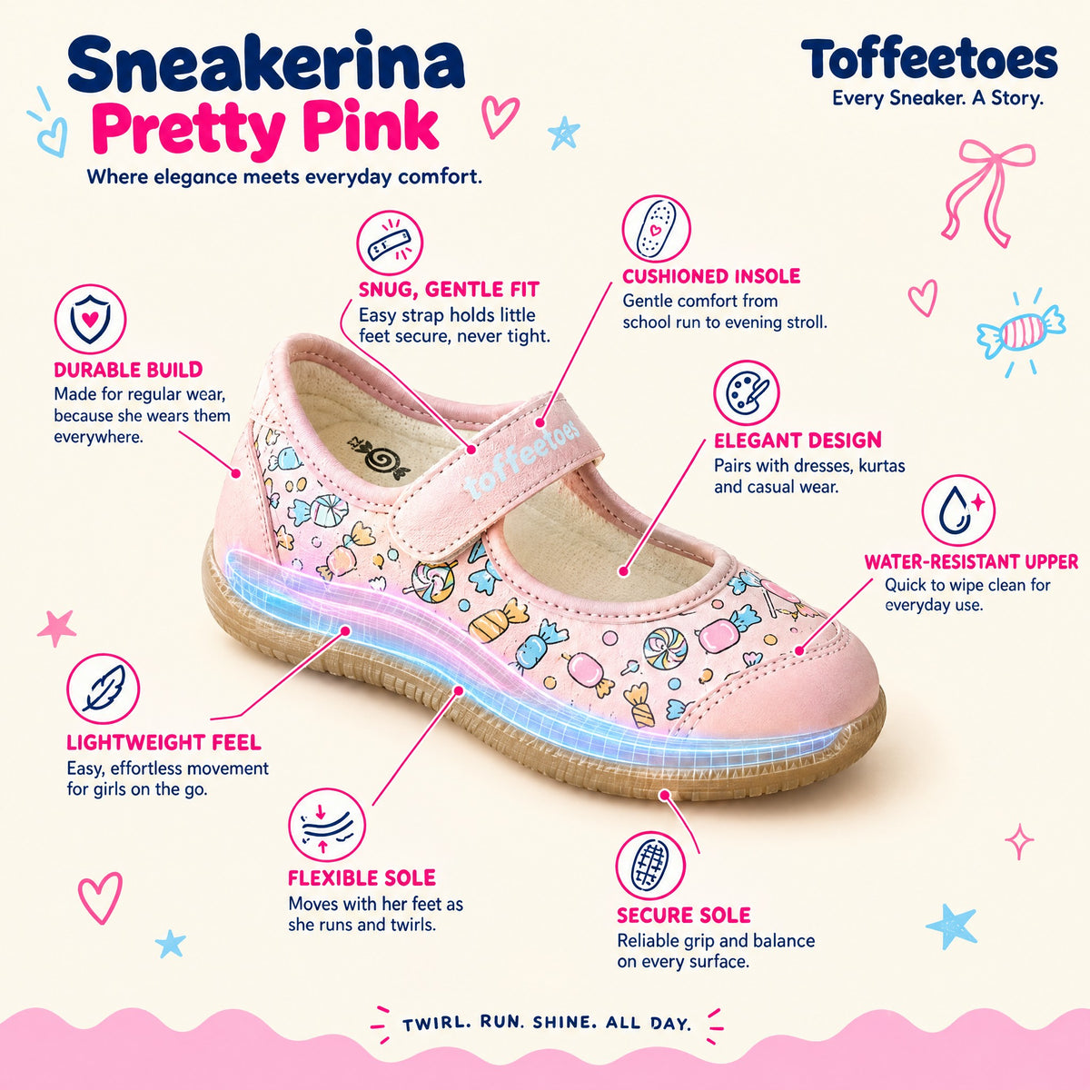 Sneakerina Pretty Pink features: cushioned insole, lightweight, flexible sole, secure grip, water-resistant upper