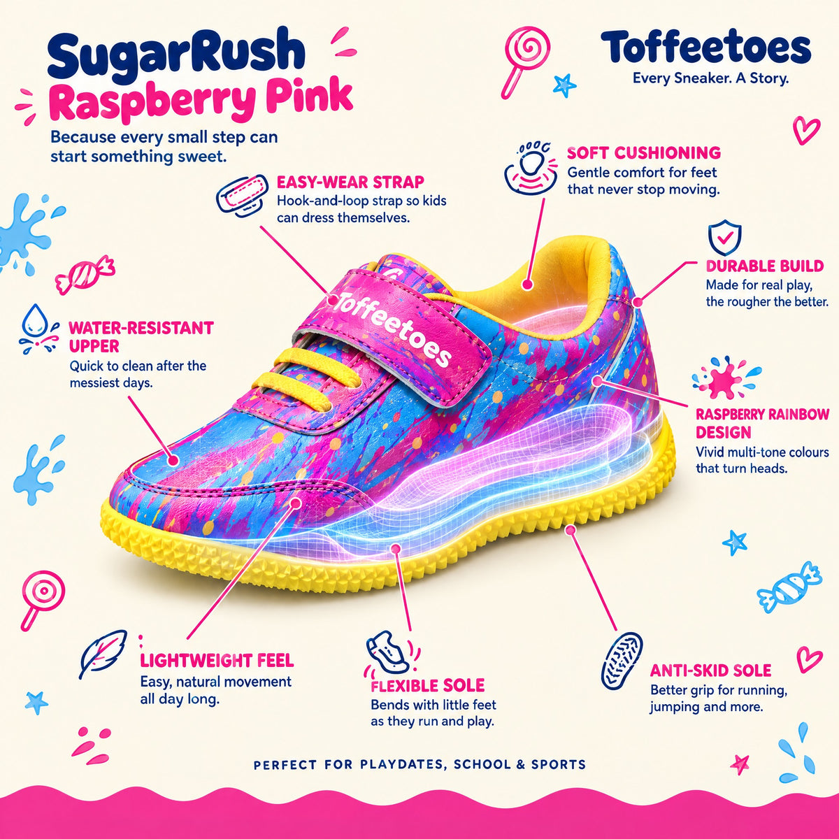 SugarRush Raspberry Pink features: easy-wear strap, soft cushioning, lightweight, flexible anti-skid sole, water-resistant upper