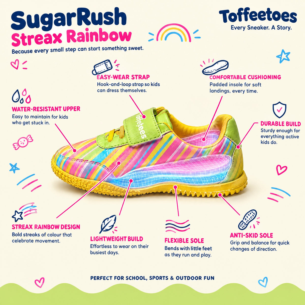 SugarRush Streax Rainbow features: easy-wear strap, comfortable cushioning, lightweight, flexible anti-skid sole, water-resistant upper