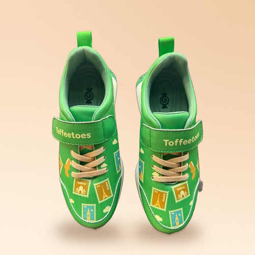 Globetrotters Travel Stamps Green Kids Sneakers