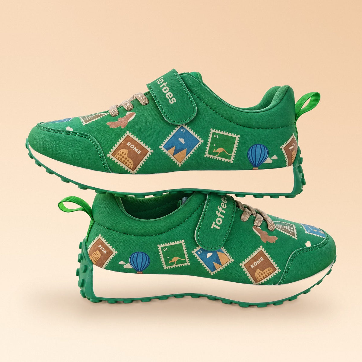 Globetrotters Travel Stamps Green Kids Sneakers - side view stacked