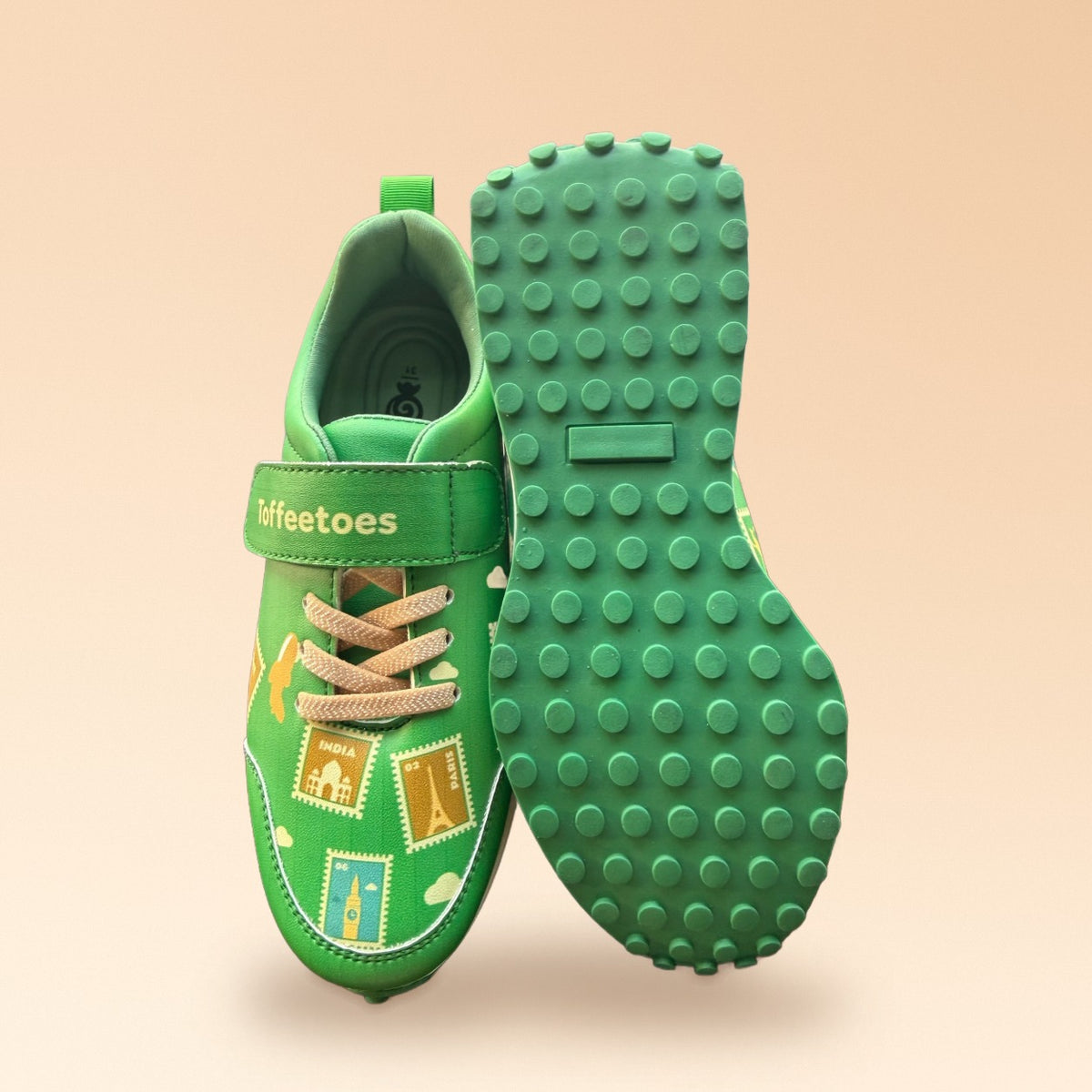 Globetrotters Travel Stamps Green Kids Sneakers - top view and sole