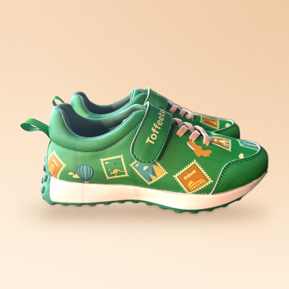 Globetrotters Travel Stamps Green Kids Sneakers - side view pair